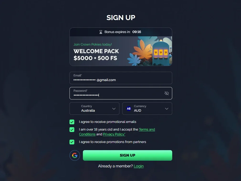 Initial CrownPokies registration form with email, password, country, currency and consent options