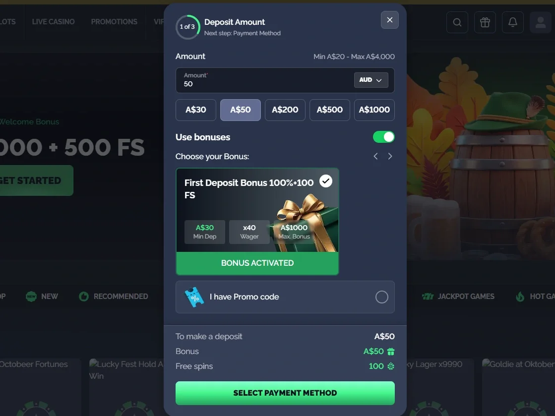 Deposit interface with AU$50 entered and an active first-deposit bonus summary